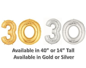 30 Balloon, Gold or Silver 30,  40" or 14" High, 30th Birthday Balloon, Number 30 Balloons, 30th, Anniversary, 30th Bday, Dirty Thirty, #30