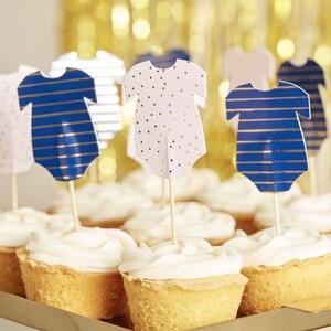 Baby Shower Cupcake Toppers - Pink and Navy Blue Theme, Gender Reveal Decorations, Neutral Baby Shower, Onesie Cake Toppers, Unisex Decor