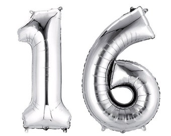 Silver 16 Balloon, Silver 16,  34" or 14" High, Sweet 16th Birthday Balloon, Number 16 Balloons, Silver Number 16, Anniversary, 16th, #16