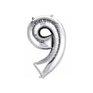 Silver 9 Balloon, 34&quot; or 14&quot;  Silver 9, 9th Birthday Balloon, Number 9 Balloon, 9th Birthday, Silver Number 9, Anniversary, 9th Bday, 9th