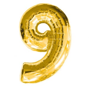 May include: A gold foil balloon shaped like the number nine. The balloon is inflated and ready to be used for a party or celebration.