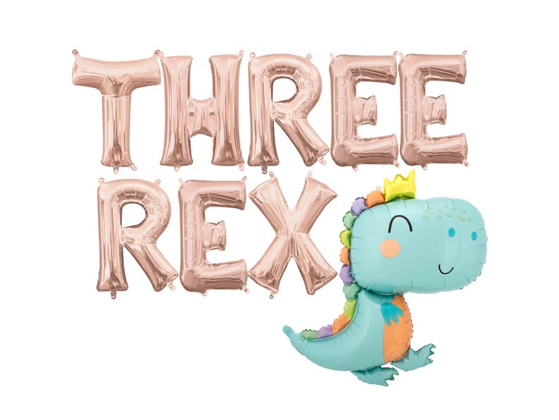 May include: Rose gold foil balloons spelling "THREE REX" with a blue dinosaur balloon with a crown.