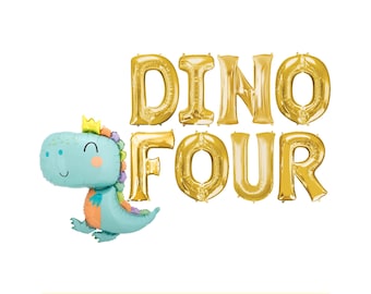 DINO FOUR Balloon Banner 16" Tall, 4th Birthday Party Decor, Dinosaur Birthday Decorations, Dino Four Dinosaur Party, T-Rex Birthday