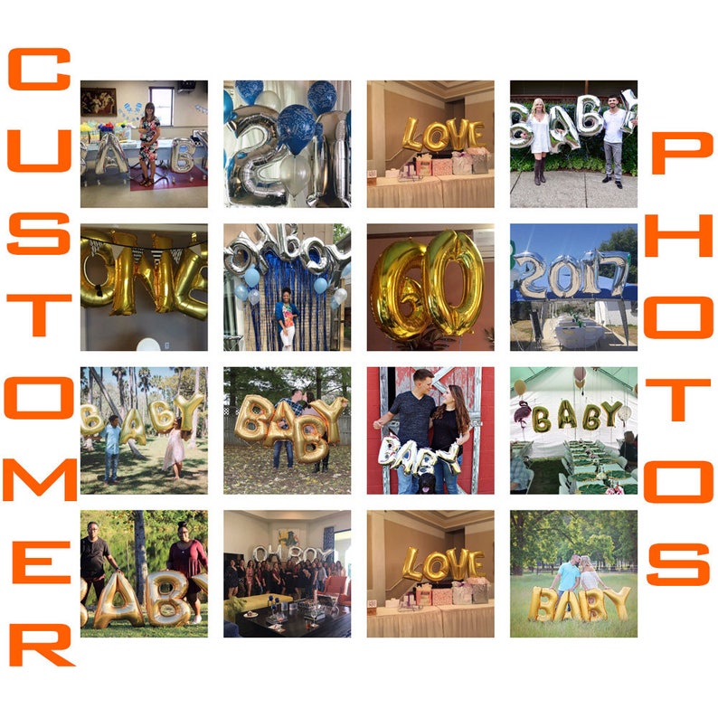 May include: A collage of customer photos featuring gold and silver foil balloons spelling out words and numbers. The balloons include "LOVE", "BABY", "2017", "60", and individual letters and numbers for various celebrations.