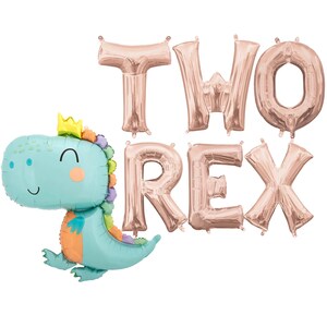 May include: Two rose gold foil balloons spelling "TWO" and four rose gold foil balloons spelling "REX" with a blue dinosaur balloon with a crown on its head.