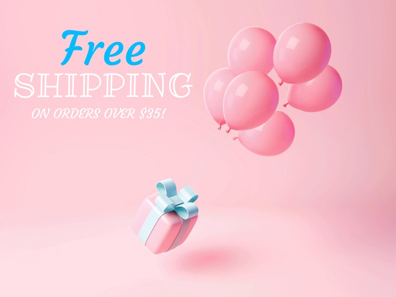 Puede incluir: Caja de regalo rosa con una cinta azul atada en un lazo, flotando sobre un fondo rosa con globos rosas. El texto "&iexcl;Env&iacute;o gratuito en pedidos superiores a 35 &euro;!" es visible en la esquina superior izquierda.