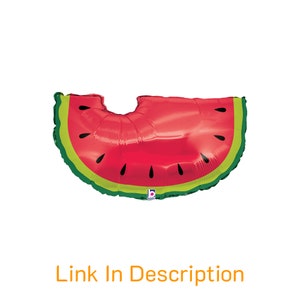 May include: A red and green watermelon-shaped balloon. The balloon is shaped like a slice of watermelon with a green rind and black seeds.