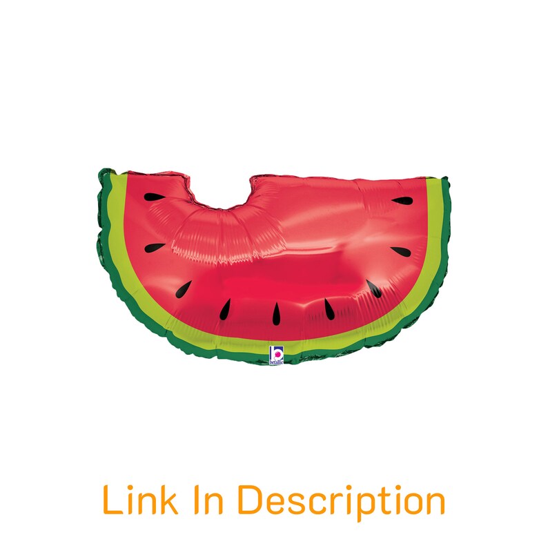 May include: A red and green watermelon-shaped balloon. The balloon is shaped like a slice of watermelon with a green rind and black seeds.