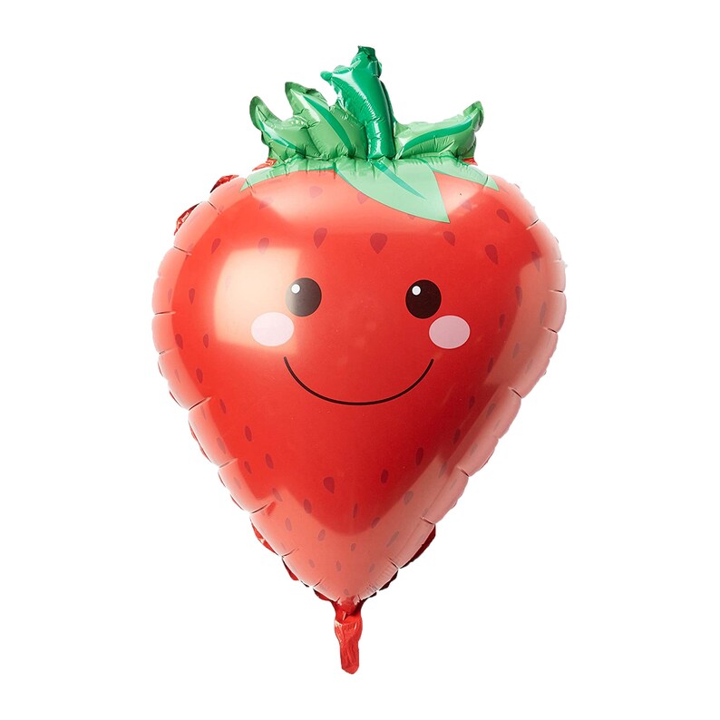 May include: A red and green foil balloon shaped like a strawberry with a smiling face.
