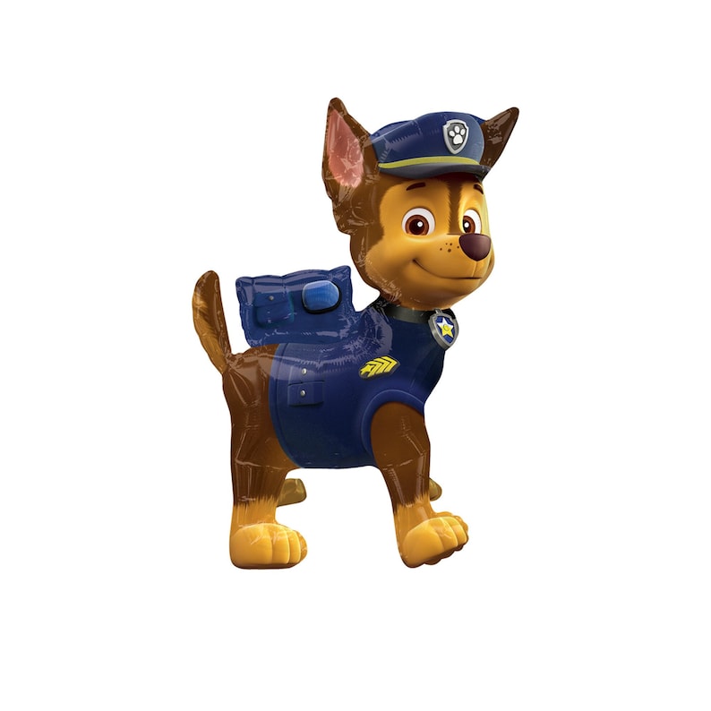 May include: A brown and tan cartoon dog wearing a blue police uniform with a yellow badge and a blue hat. The dog is holding a blue backpack.