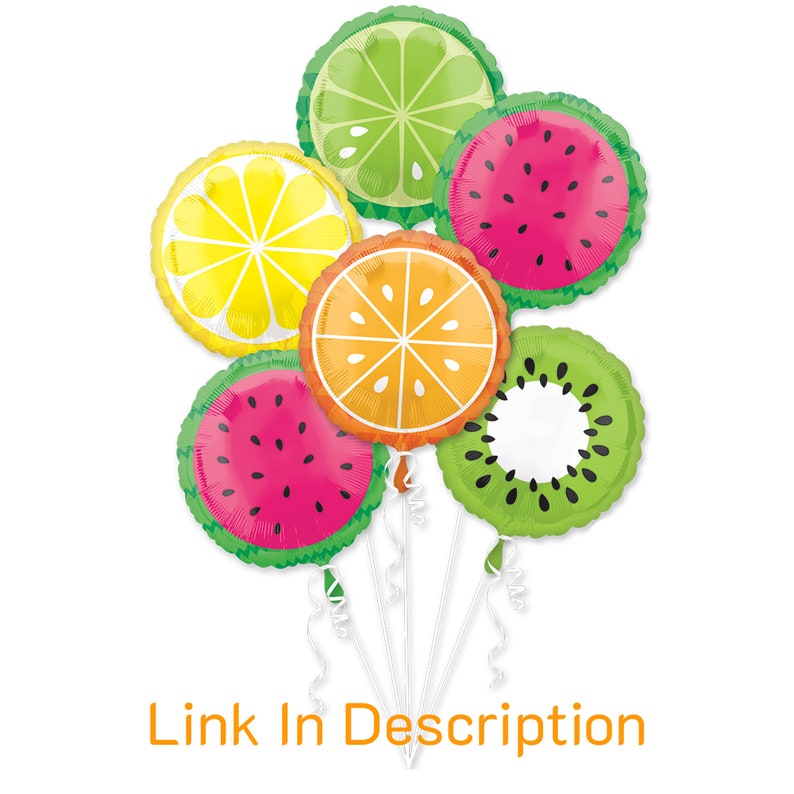 May include: A set of six fruit-shaped balloons, including watermelon, lime, orange, kiwi, and lemon. The balloons are all inflated and tied together with white strings.