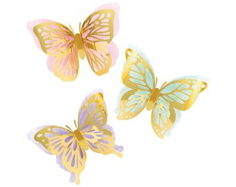 Butterfly Wall Decor – 3 Ct Pastel Cutouts | Butterfly Party, Baby Shower, Birthday, Gold Butterfly Decorations, Fairy Garden Decor