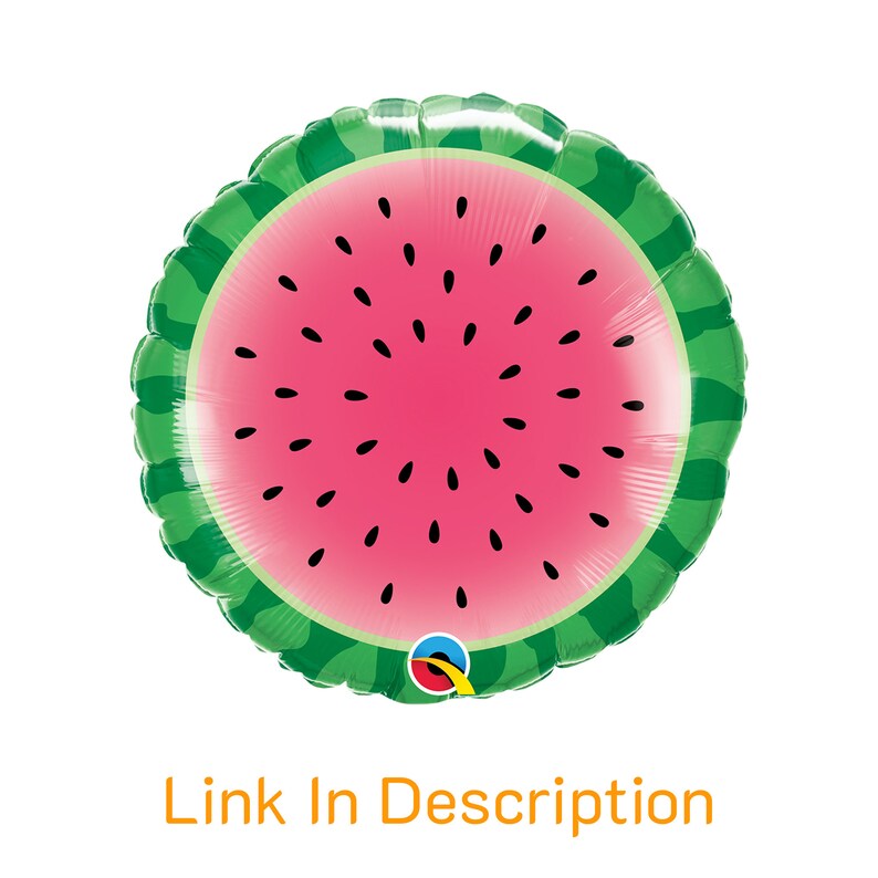 May include: A green and red watermelon-shaped balloon with a black seed pattern.