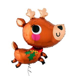 May include: A festive, metallic brown reindeer balloon with a cheerful expression. The balloon features large, expressive eyes, a pink nose, and a red scarf with holly accents. Perfect for holiday decorations.