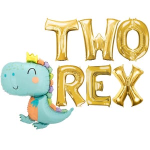 May include: Gold foil letter balloons spelling "TWO REX" with a blue dinosaur balloon with a crown on its head.