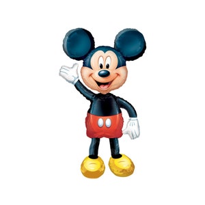 Puede incluir: Un globo de Mickey Mouse negro y rojo con orejas grandes y una gran sonrisa. El globo est&aacute; de pie con los brazos extendidos.