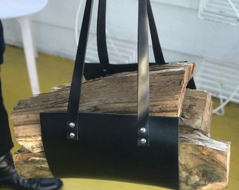 Handmade Black Leather Firewood Carrier