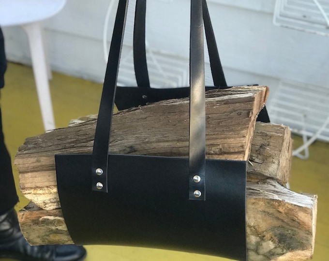 Handmade Black Leather Firewood Carrier