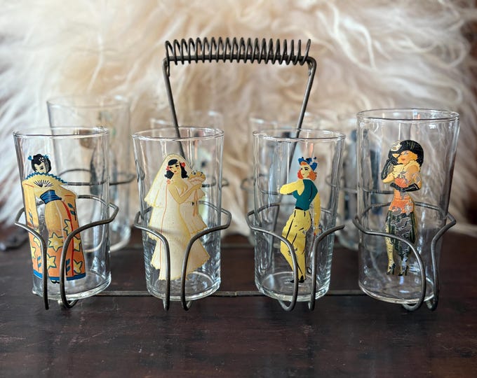 1940s Peek-A-Boo Pinup Tumblers with Brass Caddy, Set of 8