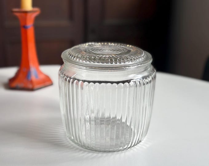 1950s Anchor Hocking 6” Glass Ribbed Jar w/ Lid