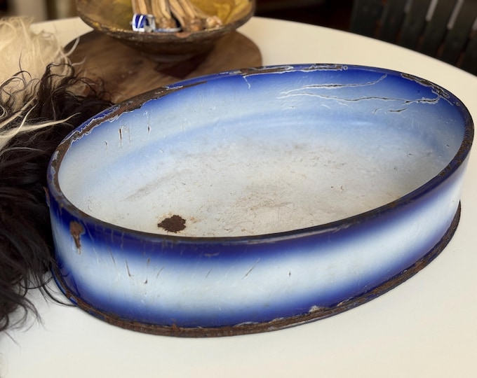 1900s Large French Cobalt Enamel Wash Basin or Bowl