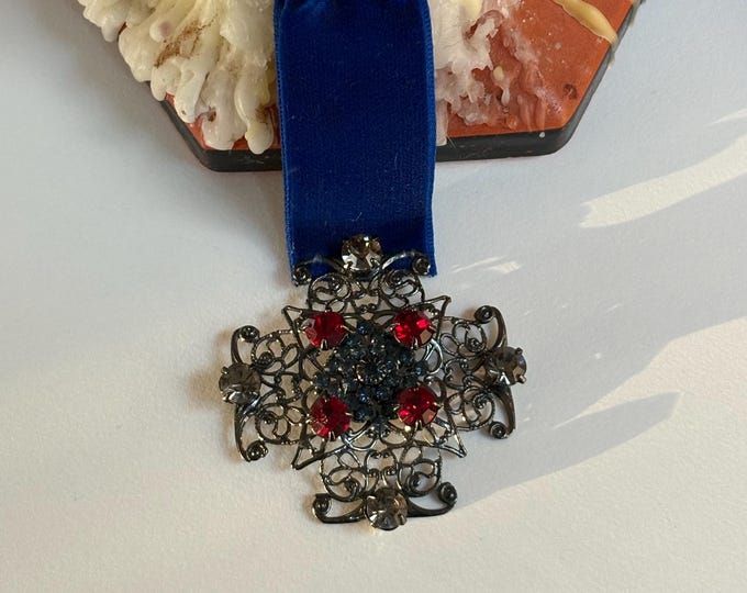 1960s Filagree Maltese Cross Brooch w/ Cobalt Silk Velvet Ribbon