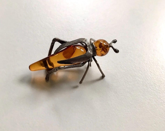 Vintage 1970s Sterling Silver Amber Insect Cricket Brooch