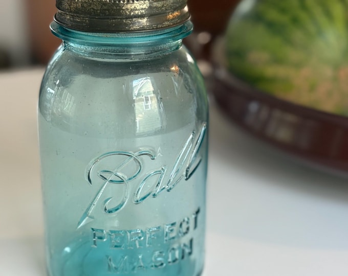 Antique Blue Glass Ball Brand Perfect Mason Jar w/ Presto Glass Lid, 2qt