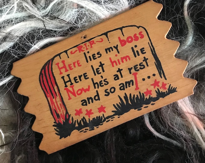60s Here Lies My Boss Wood Postcard