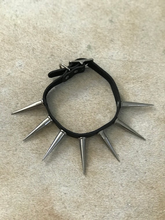 80s Vintage Black Leather Tall Spiked Collar/Choke