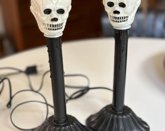 1980s Skull Blow Mold Candle Stick Light, Pair, Working!