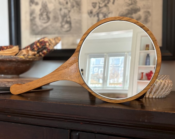 1960s Oak Wood Hand Mirror, Shop Made 15”