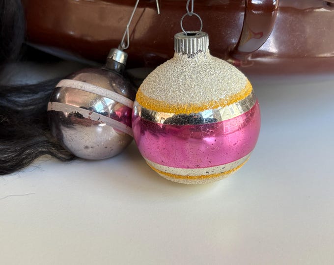 1930s Striped Shiney Bright Ornaments in Pink & Faded Purple, Sold Seperately