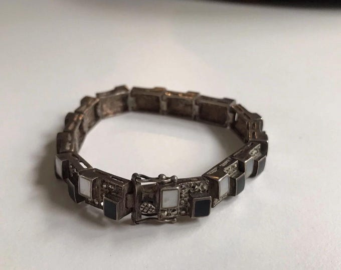 Antique Sterling Silver Marcasite Mother of Pearl & Onyx Bracelet