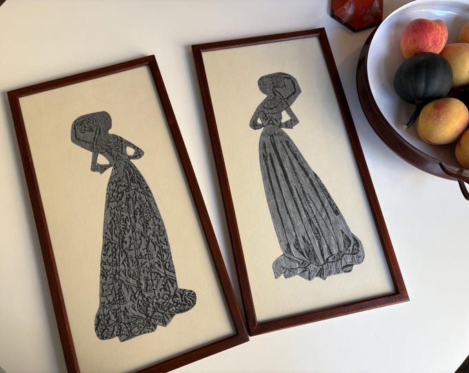 1960s Framed Medieval Stone Rubbings of Women in Gowns