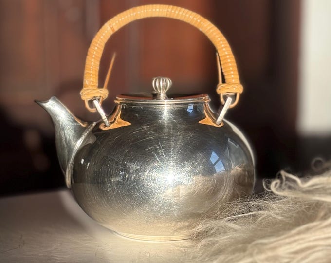 Vintage MCM Gorham Newport Silverplate Teapot w Wicker Handle