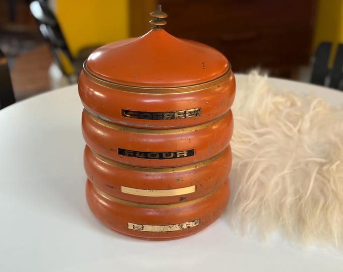 1960s Atomic Pagoda Orange Metal Canister Set
