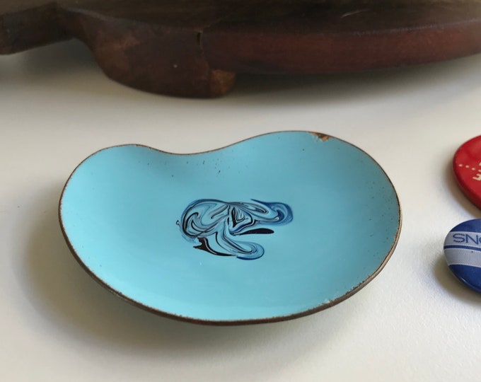 Atomic Era Blue Enamel Copper Trinket Dish, 1960s
