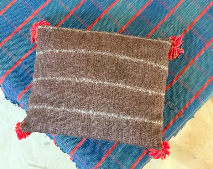 Antique Brown Wool Striped Throw Pillow w/ Red Tufts 15x12.5”