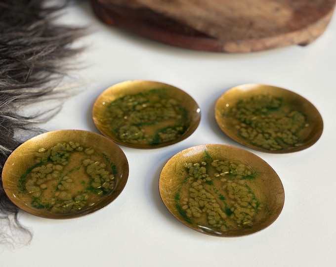 1950s Bovano Enamel on Copper Atomic Bronze & Green Coasters, Set of 4