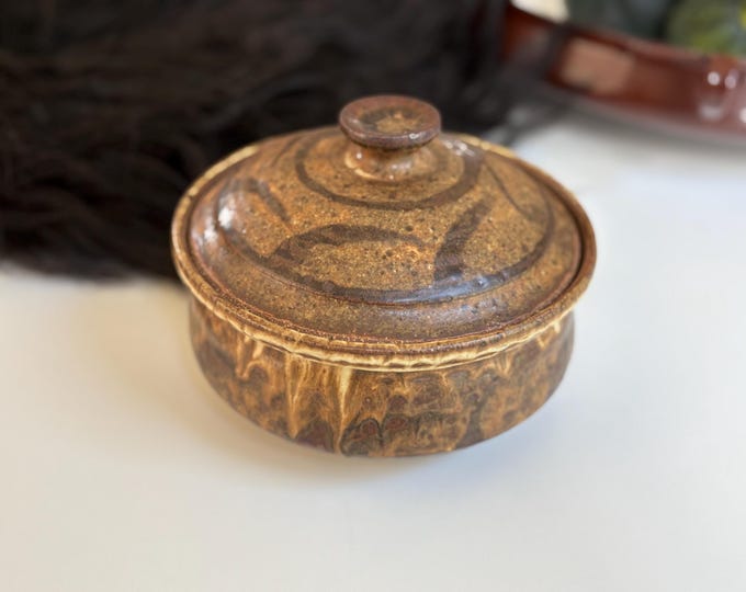 1970s Brown Stoneware Kitchen Crock w/ Lid, Small