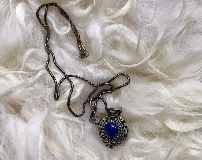 Antique Silver Lapis Lazuli Locket Necklace .925 Stamped