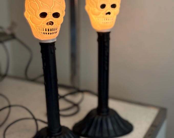 1980s Skull Blow Mold Candle Stick Light, Pair