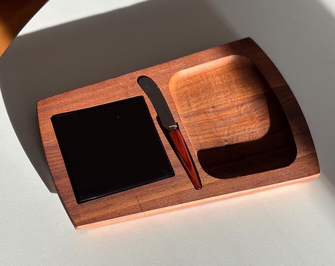 1960s MCM Danish Teak Cheese Board w Black Terracotta Tile & Cheese Knife