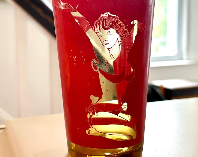 1970s Red Printed Peekaboo Pinup & Keyhole Amber Glass Tumbler