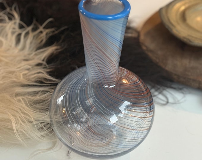 1970s Dansk Blue & Orange Swirl Glass Flower Vase 9”