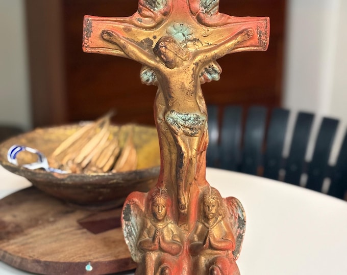 1950s Red & Gold Large Chalkware Crucifix
