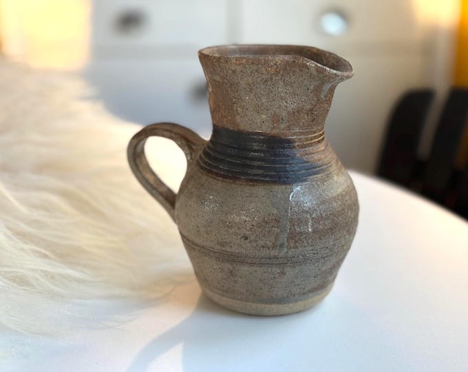 Signed Primitive Clay Pitcher/Creamer in Grey & Brown