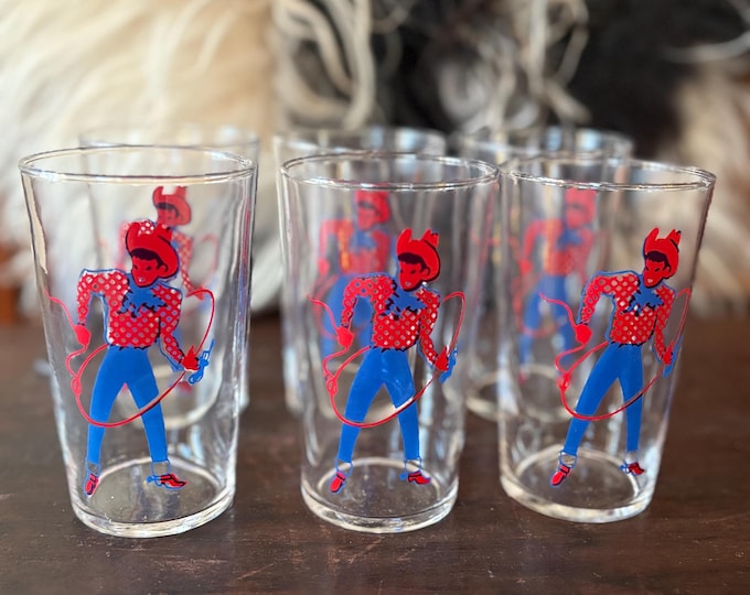 1950s Federal Glass “Dancing Cowboy” Tumblers, Set of 6 w/ Paper Caddy