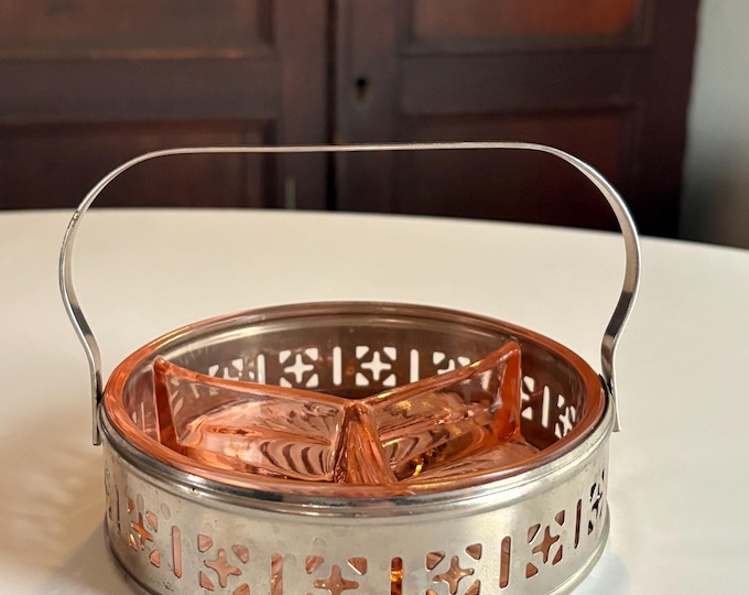 1930s Pink Depression Glass Portable Relish Dish w Tin Caddy